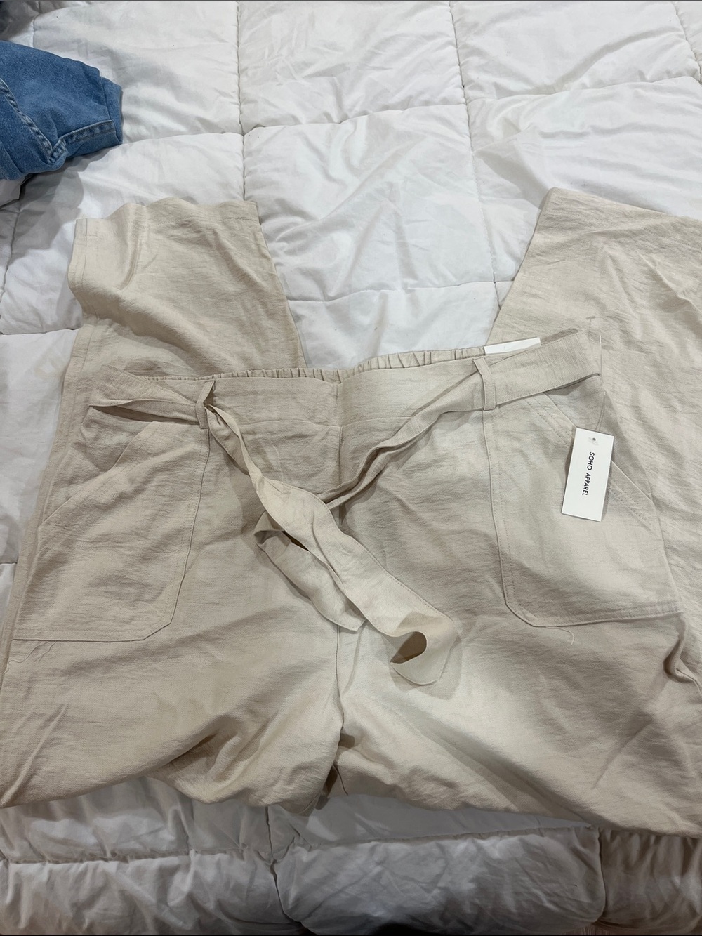 Soho Apparel Beige Cropped Tie-Waist Pants